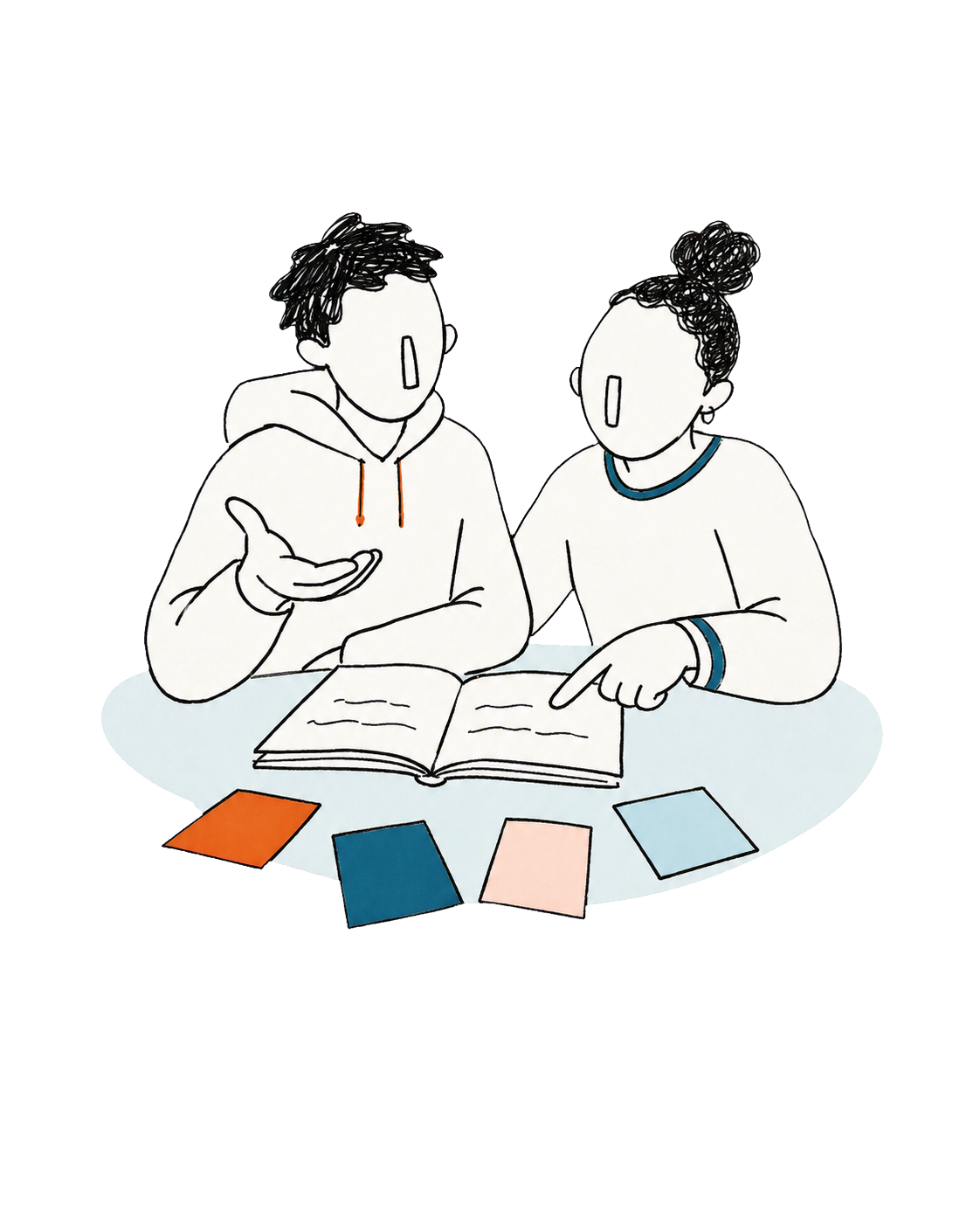 Zwei Schüler:innen lernen gemeinsam mit einem offenen Heft und Lernkarten.